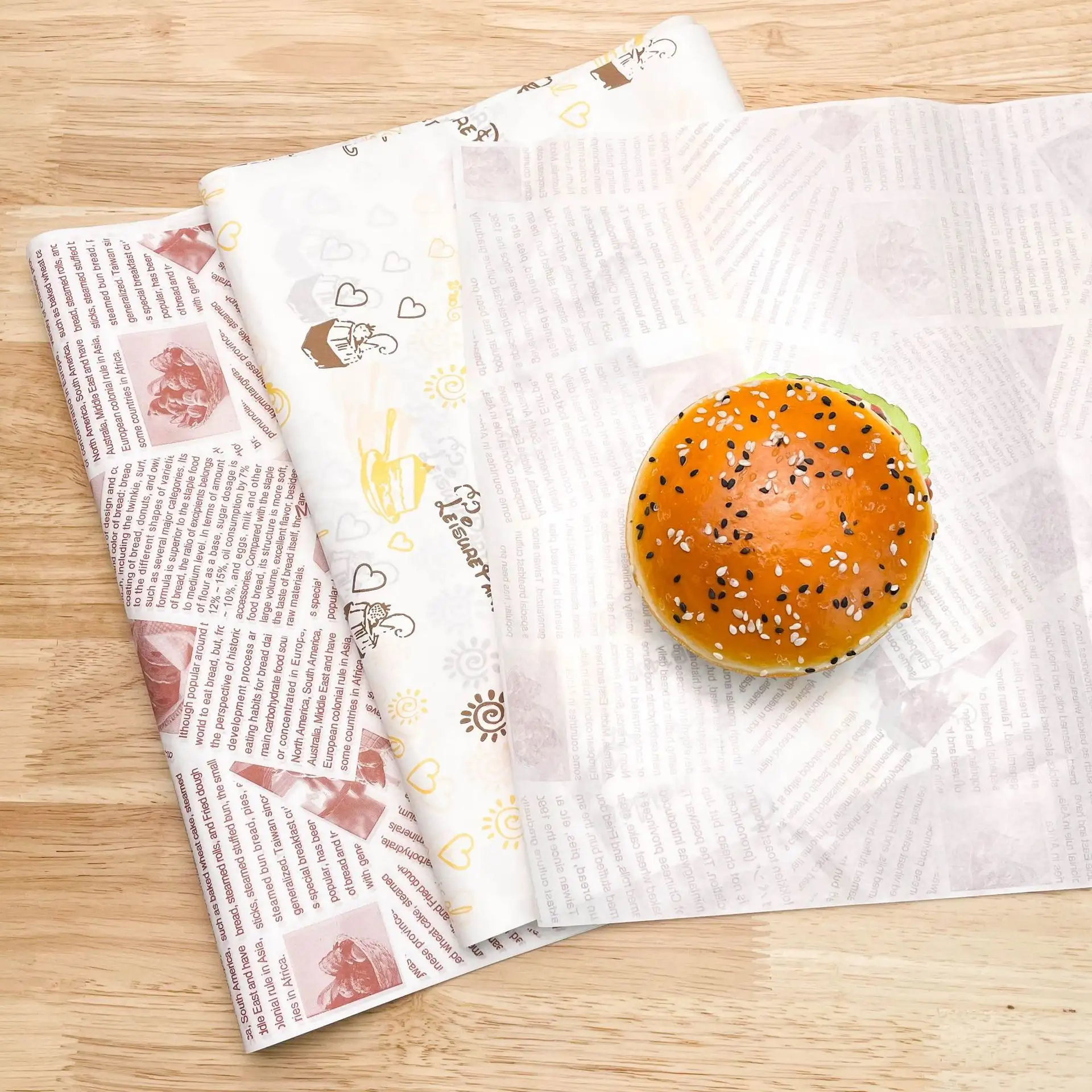 사용자 정의 크기 인쇄 기름 증거 식품 포장 햄버거 버거 생분해성 스시 케이크 기름기 방지 샌드위치 종이