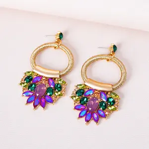 Vintage Jewelry Bling Rhinestone Geometric Flower Earrings Colorful Diamond Flower Hoop Earrings For Party