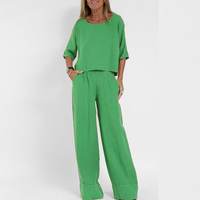 Ensemble décontracté deux pièces en mélange de lin pour femme : haut à col rond et manches mi-longues, pantalon large – Vente en gros et personnalisation