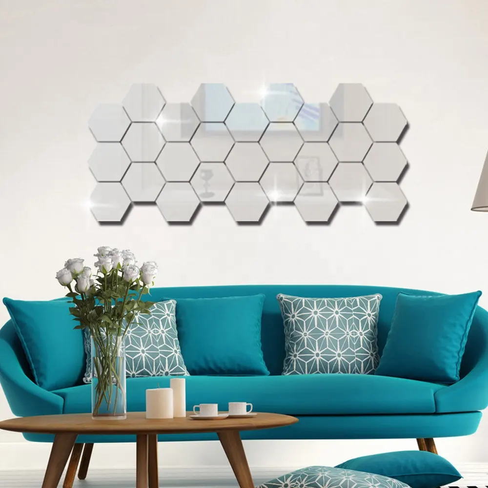 12 Stks/set 3D Hexagon Acryl Spiegel Muurstickers Diy Art Wall <span class=keywords><strong>Stickers</strong></span> Woonkamer Gespiegeld Decoratieve <span class=keywords><strong>Stickers</strong></span>