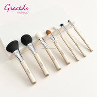 Kit de Débutant 7 Pinceaux de Maquillage Champagne Argenté, Manches en Bois, Poils Synthétiques pour Maquillage Quotidien Visage et Yeux, Marque Privée E-commerce