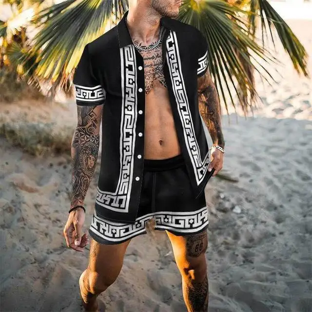 New Arrival Men Summer Beach Shirt Wear jogging suit for men two piece short set Printed Short Sleeve Shirts And Shorts Set