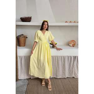 Vestido largo de muselina amarillo con cuello redondo, corte holgado, cintura natural, tejido transpirable, vestido informal para el tiempo libre. - Product Image 2