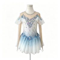 Robe de patinage artistique pour enfants, dégradé blanc et bleu, avec chaîne en maille, dos ouvert, strass faits à la main, en tulle court, pour spectacle sur scène