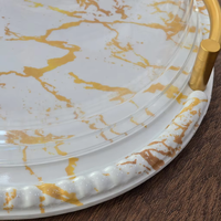 Assiette à gâteau ronde en mélamine, style luxe léger, motif marbre doré, avec couvercle en plastique transparent, vente en gros d'usine