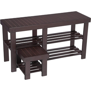 <b>Bamboo</b> 3 Tier Shoe Rack With <b>Stool</b> Contemporary Design Heavy Duty Storage Bench For Living Room Furniture - Product Image 1
