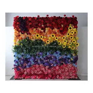 5d New silk sunflower rose hydrangea mix yellow orange purple blue green red flower wall panels flower wall decor for wedding