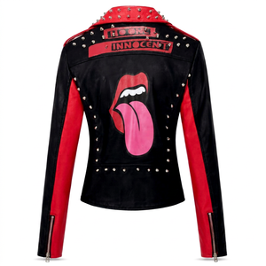 Chaqueta de Motocicleta de Cuero PU para Mujer, Estilo Punk, Cuello Rojo, Decoración con Remaches, Cierre de Cremallera, Corte Ajustado, Resistente al Agua, para Invierno - Product Image 2