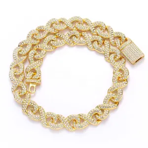 Wholesale fashion jewelry Diamond Cuban Chain Necklace Bracelet Sets 8 Number Shape Iced Out Rhinestone Gold Chain Hip Hop Men