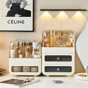 Boîte de rangement cosmétique avec tiroirs, organisateur de bureau en plastique, étui à maquillage, couvercle anti-poussière, support de rangement haut de gamme - Product Image 1