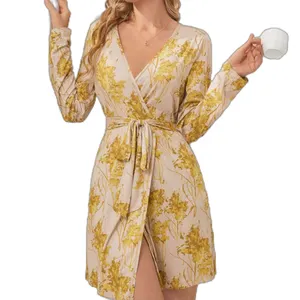 High Quality Long Sleeved Night-Robe Women Sexy Thin Printing Nightgown Custom