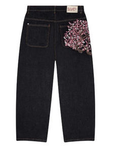 Jeans droits pour femmes, personnalisés, style rétro européen et américain, broderie de fleurs de prunier, taille mi-haute, séchage rapide - Product Image 2