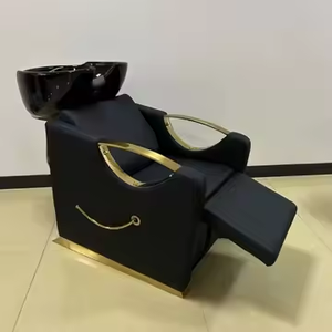 Fauteuil de lavage moderne pour salon, siège en cuir, bac en céramique, repose-pieds réglable, unité de lavage imperméable, système de circulation d'eau noir - Product Image 1