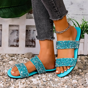 QF1 Sandalias Planas Abiertas de Verano con Doble Tira de Diamantes de Imitación y Punta Redonda para Mujer 231231 231 - Product Image 3