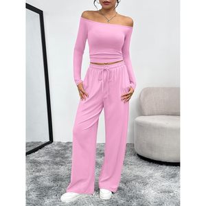 Ensemble 2 pièces pour femmes, pantalon large à épaules dénudées, haut court à manches longues, vêtements de nuit décontractés, tissu tricoté doux - Product Image 2