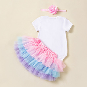 Fabricant en gros 0-2 ans nouveau coton à manches courtes barboteuse six couches tulle transfrontalier bébé fille anniversaire jupe ensemble - Product Image 1