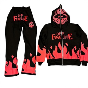 Ensemble de survêtement évasé à fermeture éclair intégrale pour homme, imprimé en relief, comprenant un sweat à capuche et un pantalon de survêtement imprimé sérigraphié à effet superposé - Product Image 1