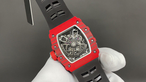 Luxury <b>Red</b> Forged Carbon Tonneau Skeleton Watch Black Rubber Strap with Exposed Movement - Product Image 6