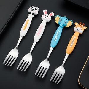 Food Grade Animal Shaped Spoon and Fork Set Silicone Handle Flatware Cartoon Kids Stainless Steel <strong>Cutlery</strong> Set for <strong>Children</strong> - Product Image 2