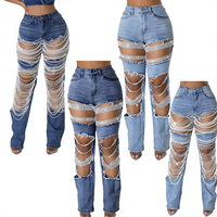 Jean droit taille haute respirant pour femme en polyester/coton 2026, décoré d'une chaîne de perles et de bords effilochés, bleu moyen