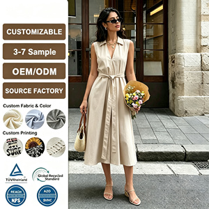 <span class=keywords><strong>Abito</strong></span> <span class=keywords><strong>Camicia</strong></span> <span class=keywords><strong>Midi</strong></span> Beige da Donna Senza Maniche con Cintura Colletto Bottoni Frontali Spacco Laterale Casual Estivo Minimalista PERSONALIZZABILE OEM ODM - Product Image 1