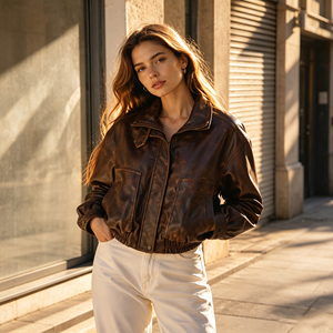 Chaqueta bomber corta de cuero PU vintage con logotipo personalizado para mujer, prenda exterior con cremallera para damas, atuendo diario de otoño. - Product Image 1