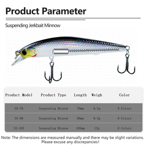 Leurre de pêche Minnow Jerkbait suspendu 70mm-105mm, 6.5g 9.5g 12g, avec système de transfert de poids pour lancer longue distance et action réaliste, pour la pêche au bar et à la truite - Product Image 5