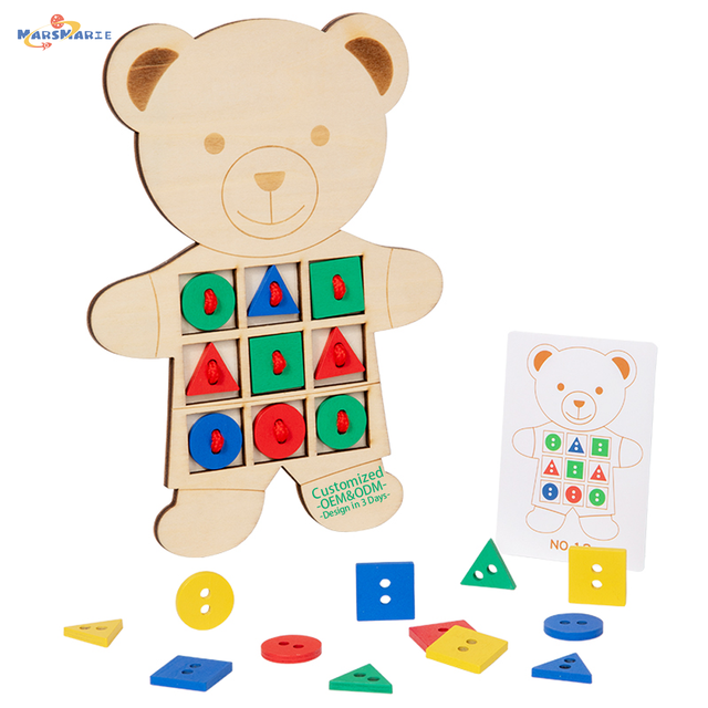 New Children's Wooden Bear Button Rope Game Educational Fine Motor Skills Threading Puzzle Board Set for 2 4 Years Kids Boys