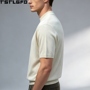 Custom Old Money Mock Neck Knit <b>T</b>-<b>Shirt</b> Men <b>Cream</b> Short Sleeve Slim Fit Ribbed Wholesale Bulk - Product Image 2