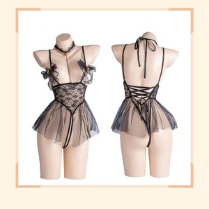 Lencería Golden Shuttle Fun, Body de Encaje Dulce, Negro, Chifón Transparente con Volantes y Lazo, Ropa de Dormir Sexy para Mujer 057 - Product Image 1