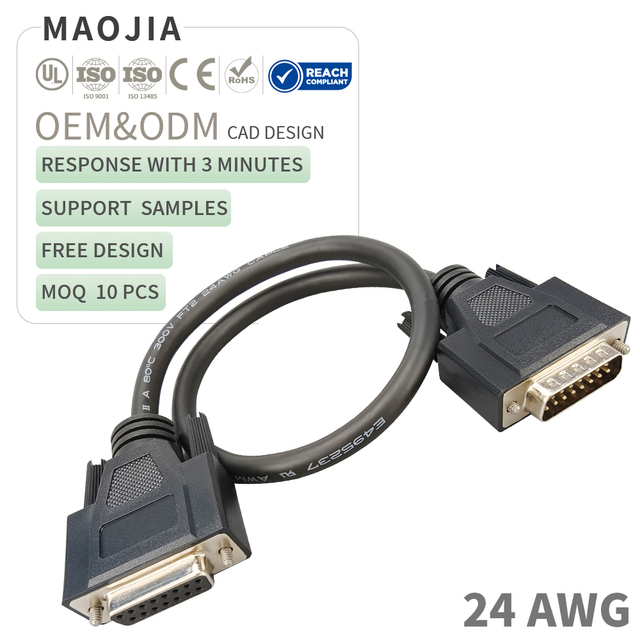 Custom Heavy Duty 24AWG DB15 Cable Male to Female Shielded D-Sub 15 Pin Serial Extension Cable for Industrial Control