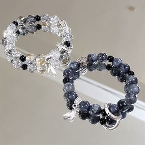 Pulsera de Cuentas de Cristal Negro Popcorn Cracked con Dije de Hoja y Color Degradado, Estilo Fantasía de Moda, para Mujer y Niña, Pulseras de la Amistad, Joyería - Product Image 2