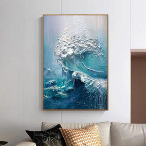 Pintura al Óleo Moderna Hecha a Mano, Texturizada, <span class=keywords><strong>con</strong></span> Espátula, Paisaje Azul en 3D, Ondas del Océano, Arte en Lienzo - Product Image 4