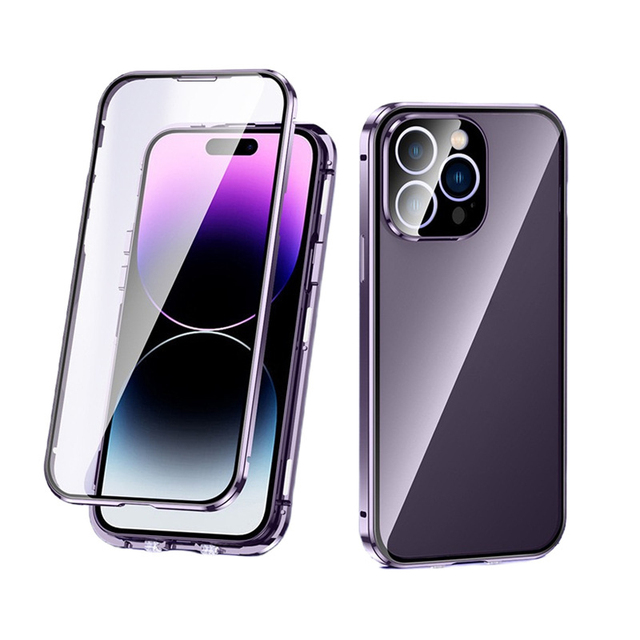 Magnetic Lock Metal Double Sided Tempered Glass 360 Cover Case Camera Lens Protector for iPhone 16 15 13 14 Pro Max Phone Case