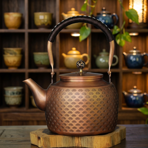 Traditional Chinese Metal Tea Kettle With <b>Lid</b> And Handle Bronze Patterned Design - Product Image 3