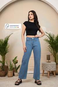 Pantalon en jean pour femme, taille haute, jambe large, avec ceinture intégrée, confortable, style décontracté et urbain, en denim bleu, pour le quotidien - Product Image 2