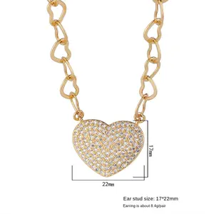 Custom Heart Micro Inlay Zircon Pendant Necklace Brass Big Love Heart Link Chain Fashion Jewelry Dainty Gold Necklaces For Women