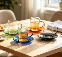 Ensemble de tasses à café en verre borosilicate transparent avec poignée colorée, résistantes à la chaleur, et soucoupes transparentes pour la maison et le thé