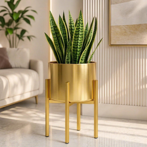 Jardinière en métal doré avec élégant support surélevé, pot de fleurs décoratif pour l'intérieur, idéal pour la maison moderne, le salon, le balcon, le bureau - Product Image 1