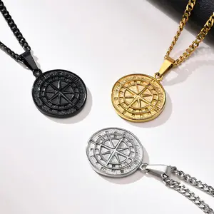 Custom Mens 18k Gold Plated Hip Hop 316l Stainless Steel Compass Pendant Necklace North Star Pendant