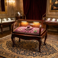 Vitrine d'îlot pour bijoux de style classique français, incurvée, avec doublure en velours, un meuble de luxe rétro, sculpté, éclairé, en verre antique