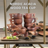 Tasses et soucoupes à thé en bois massif (noyer et acacia) de style nordique, anti-chaleur, pour café au lait finlandais, avec décoration créative