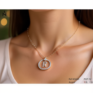 Collier pendentif lettre R en diamant, chaîne de collier de 2 cm, acier, ton or et argent - Product Image 3