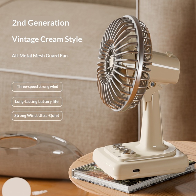 Vintage Retro Cream USB Rechargeable Portable Mini Desktop Fan Metal Construction for Car Outdoor Use Small Office Home Electric