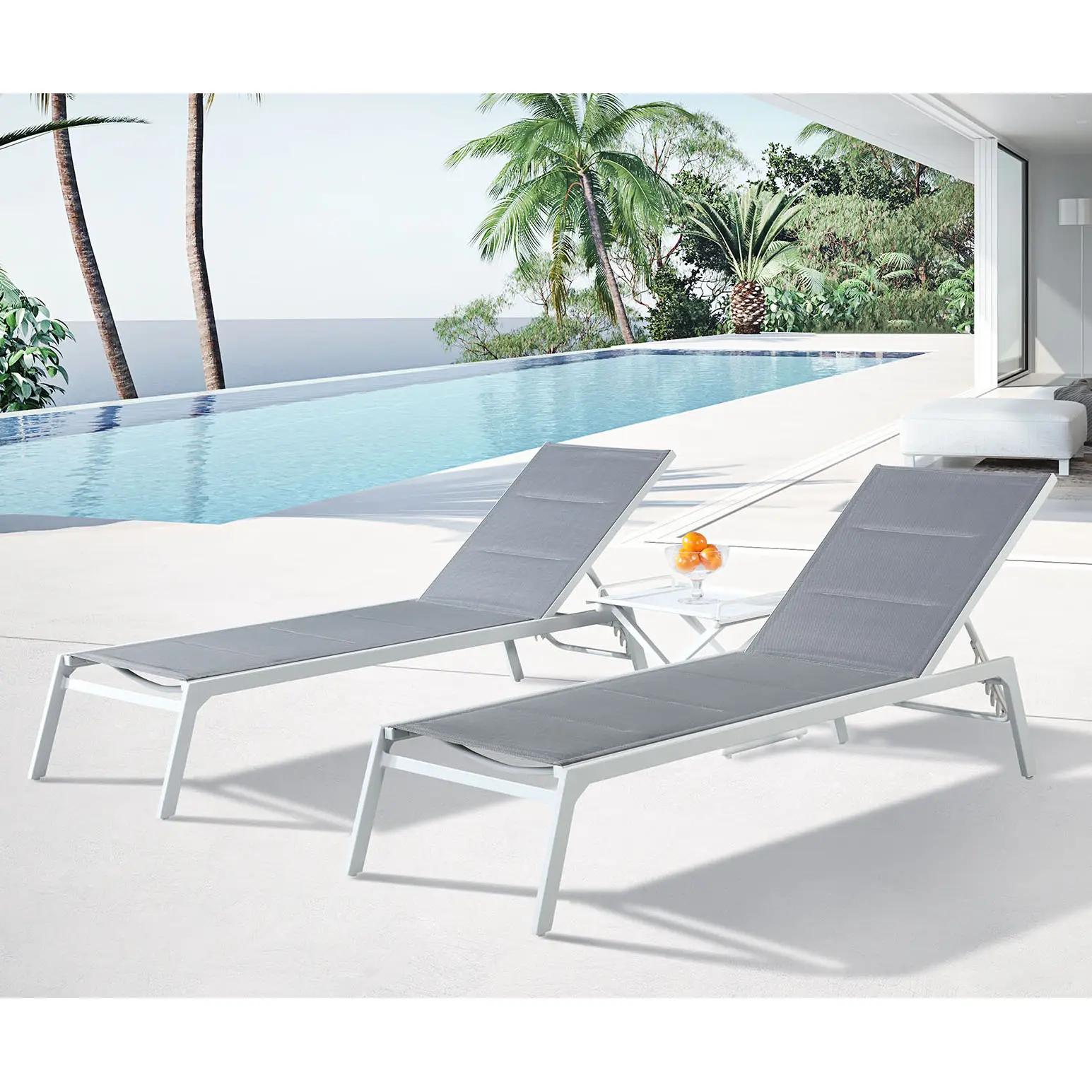 4 adet kumaş veranda dış mekan mobilyası alüminyum texti kullanıyoruz len havuzu katlanabilir şezlong sandalye seti tabure ve tepsi