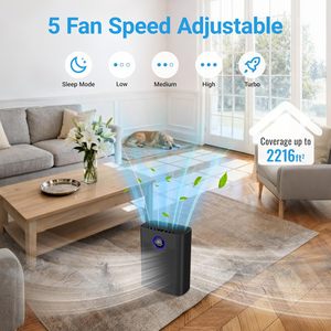 เครื่องฟอกอากาศ แผ่นกรอง HEPA 250 ลบ.ม./ชม. เซ็นเซอร์ PM2.5 จอแสดงผลอัจฉริยะ พกพาสะดวกสำหรับใช้ในบ้าน สีดำ - Product Image 6