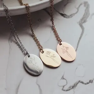 2024 Fashion Vintage Engraved Sunflower Necklace Chain Personalized Simple Oval Stainless Steel Sunflower Necklace for Women Men