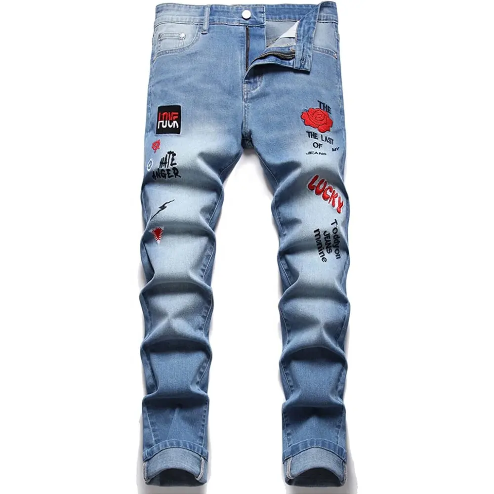 New Italy Style Men's Distressed Destroyed Badge Pants Art Patches Skinny Biker White Jeans Slim Trousers Men Denim Jeans