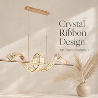 Lustre LED Artful Crystal Wave en or, ruban facetté, lumière chaude, moderne, pour salon et salle à manger, pièce maîtresse sur mesure, œuvre d'art noble et majestueuse