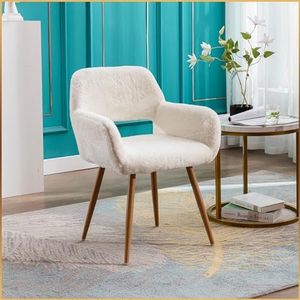 <span class=keywords><strong>Fauteuil</strong></span> de bureau moderne en fausse <span class=keywords><strong>fourrure</strong></span> <span class=keywords><strong>blanche</strong></span> avec cadre en bois, pieds en métal robustes et dossier creux confortable - Product Image 2